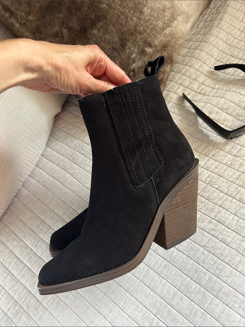 Vince Camuto Ackella Black Suede western Square Toe Bootie 7.5 - Picture 3 of 11